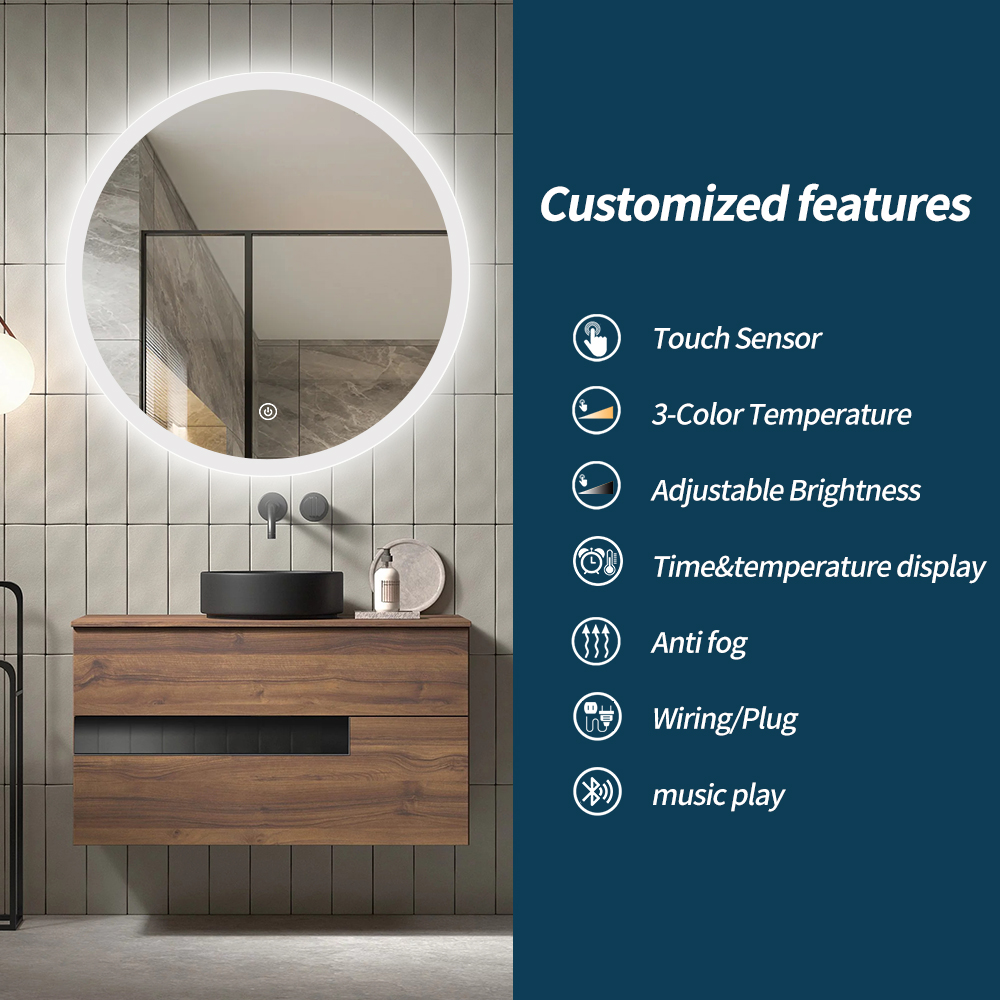 Runder IP44-LED-Badezimmerspiegel mit mattierter Kante und 3 Farbtemperaturen