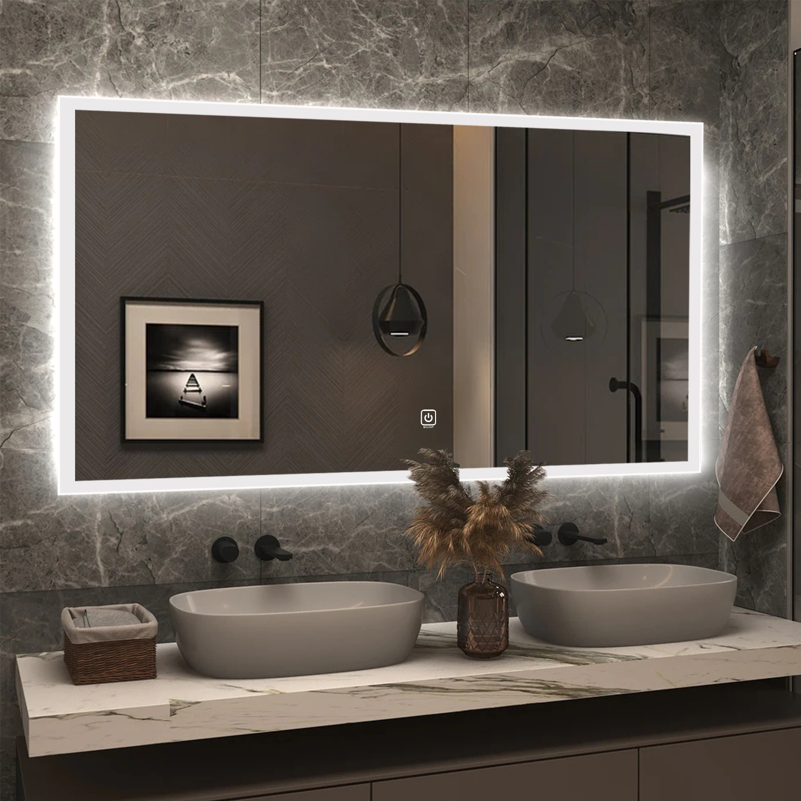 Smart LED Bathroom Mirror with Frosted-Edge Halo Lighting, Heating-Film Defogging & Touch Sensor