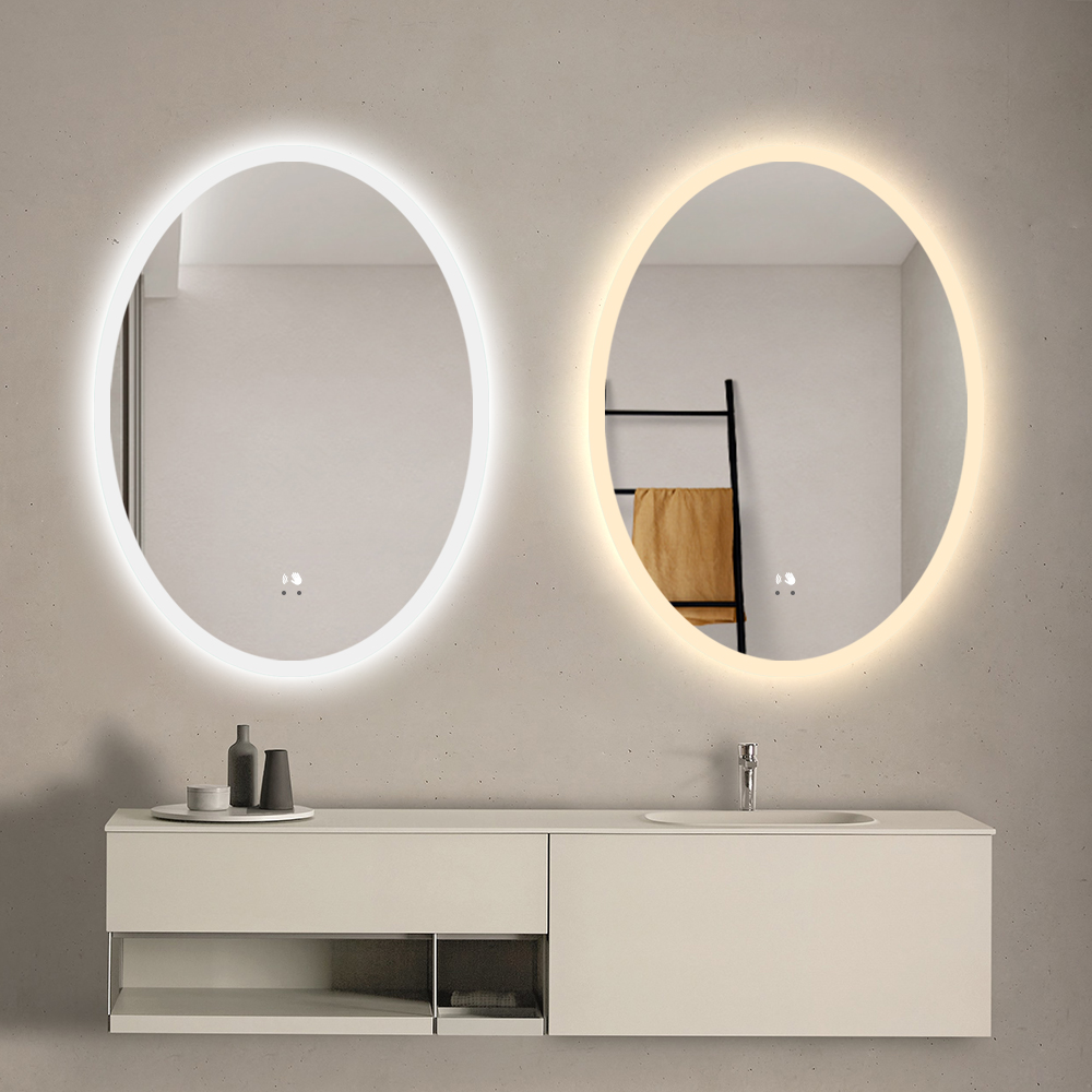 Oval Frameless LED Bathroom Mirror with 3000–6000K Dimming, Touch Defogging & Bluetooth Option