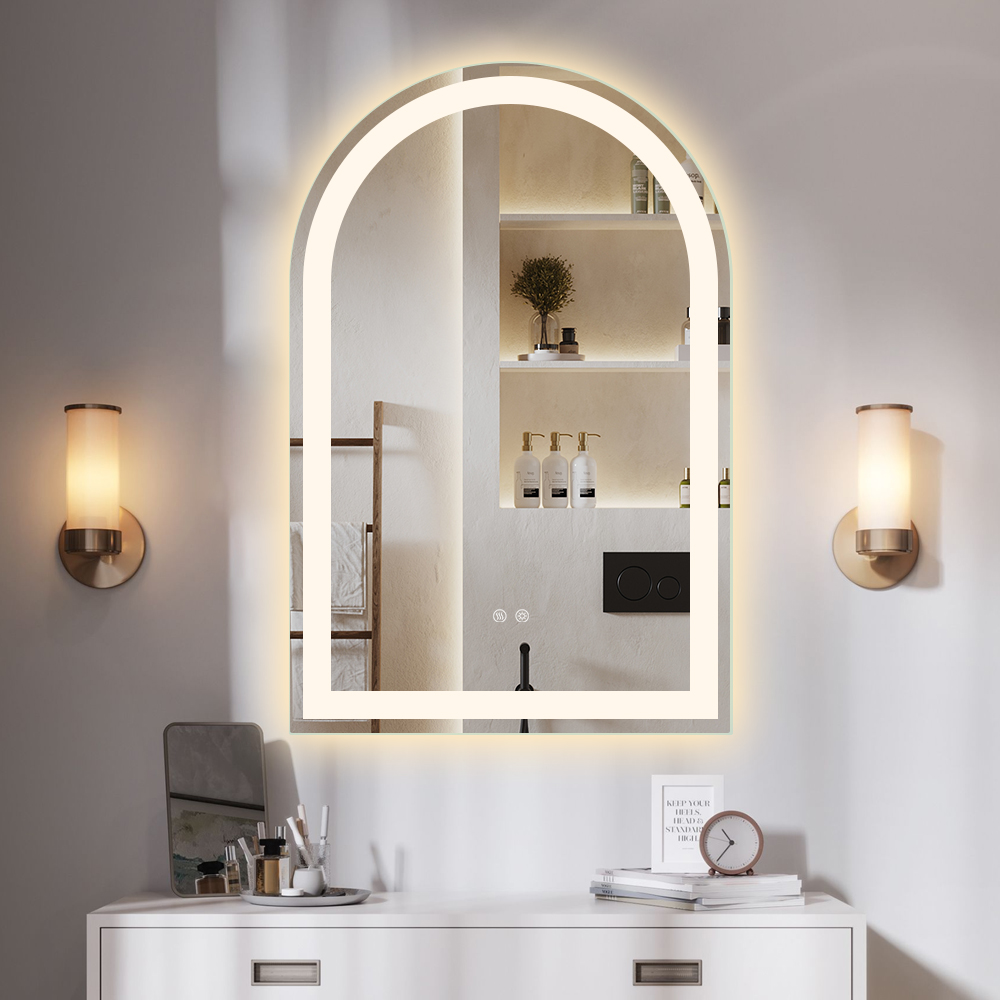 Espejo de Baño LED Arqueado Sin Marco con Luz Frontal y Pantalla de Hora y Temperatura