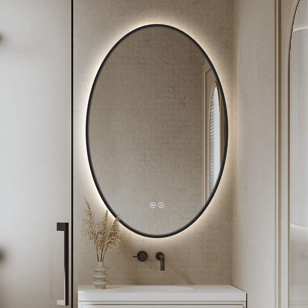 Specchio da bagno LED ovale con cornice in alluminio nero e doppi interruttori touch