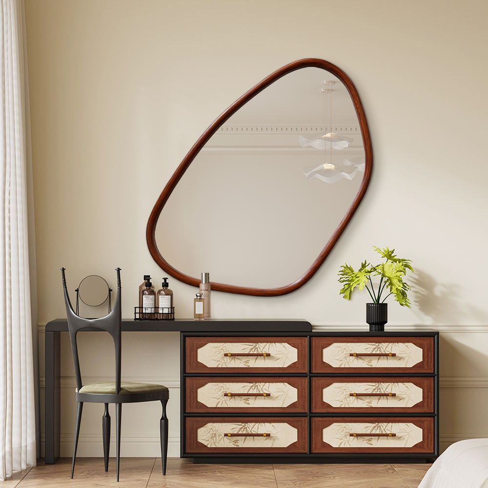 Specchio da Parete con Cornice in Legno di Noce Asimmetrico per Decorazione Moderna
