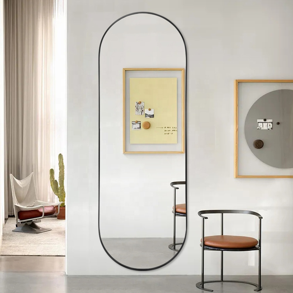Miroir sur Pied Ovale Haut à Cadre en Métal Noir pour Hôtels et Maisons