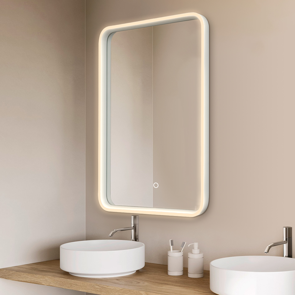Specchio Cosmetico LED con Touch Screen Montato a Parete con Cornice in Alluminio Bianco Senza Saldature