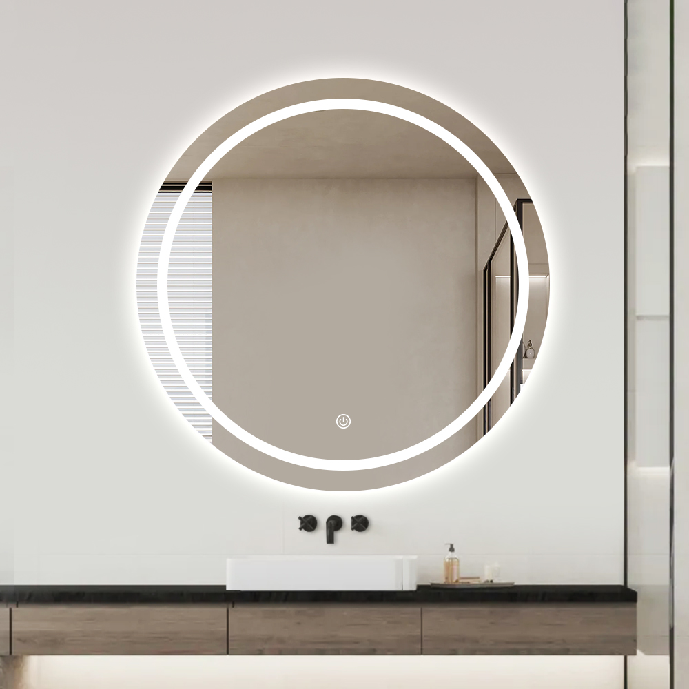 CE-zertifizierter runder beleuchteter Badezimmerspiegel mit mattiertem Frontring, Hintergrundbeleuchtung, 3 Lichtfarben, Dimmung, Beschlagentferner und Touch-Sensor