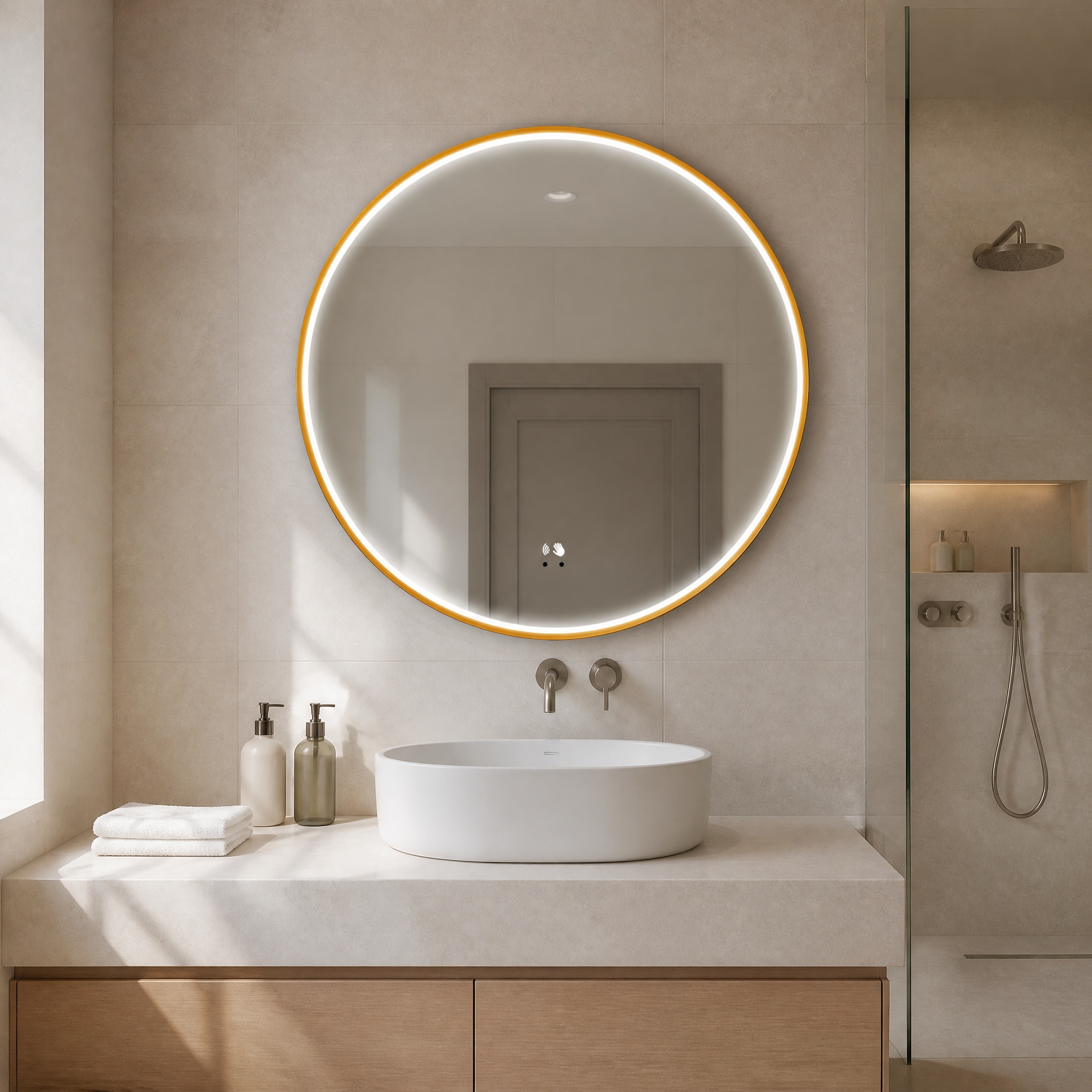 Round Backlit LED Bathroom Mirror with Gold, Black or Silver Aluminum Frame & Dimmable Lighting