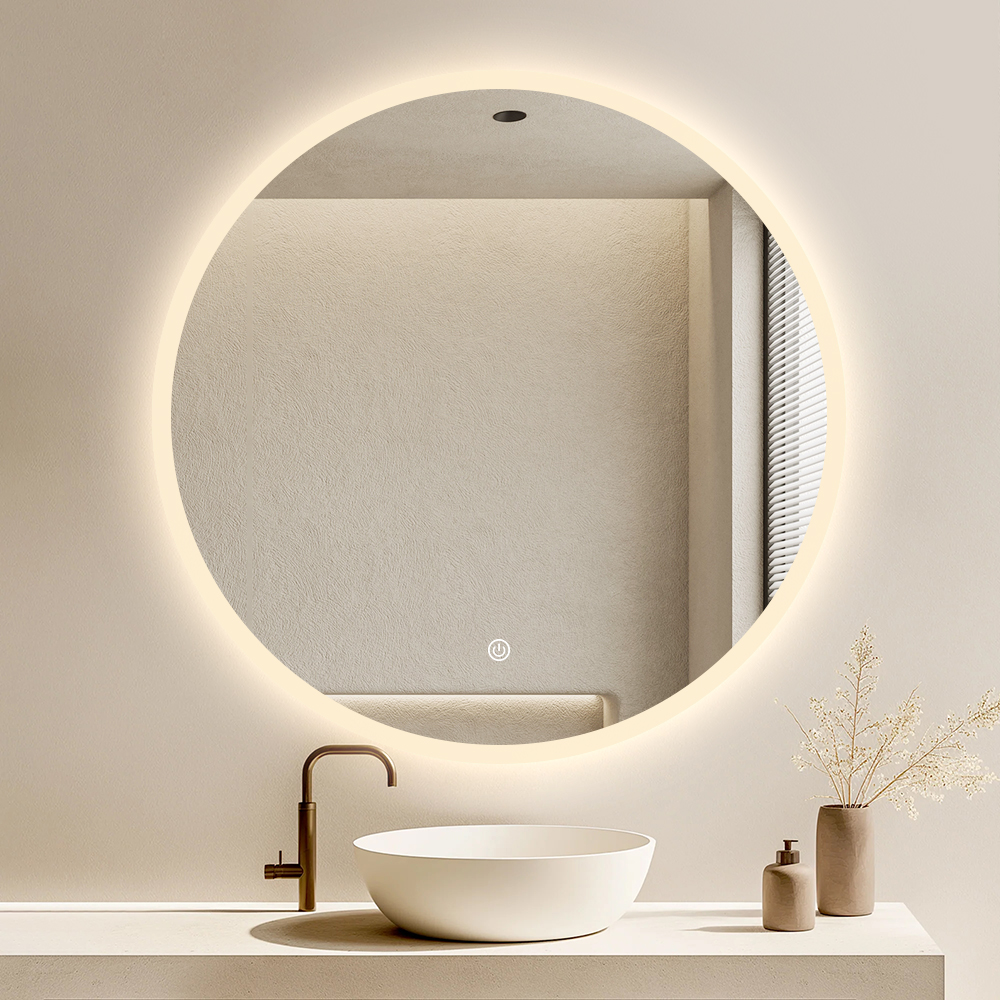 Smarter rahmenloser runder LED-Badezimmerspiegel zur Wandmontage mit 3-Farben-Beleuchtung und individueller Größe