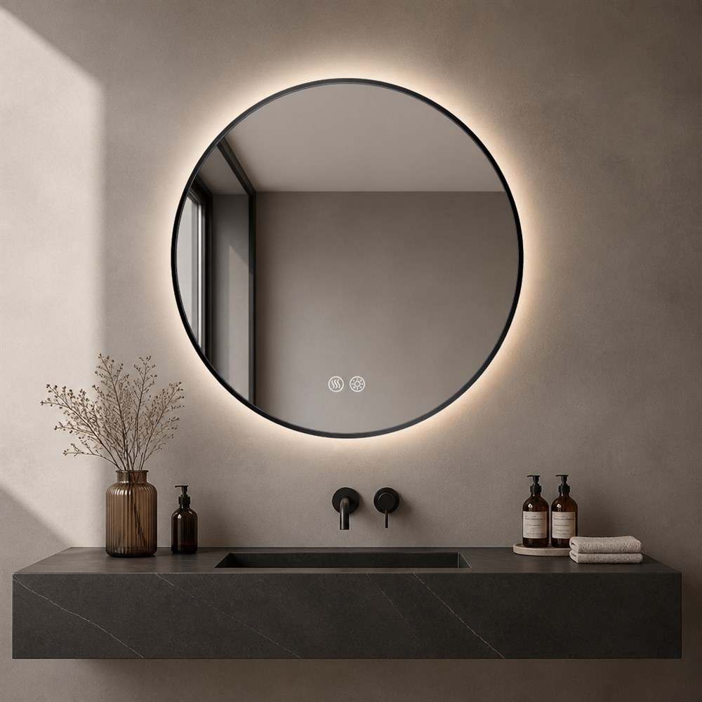 Miroir LED rond rétroéclairé avec cadre en acier inoxydable noir, variation tactile et antibuée pour salles de bains et hôtels