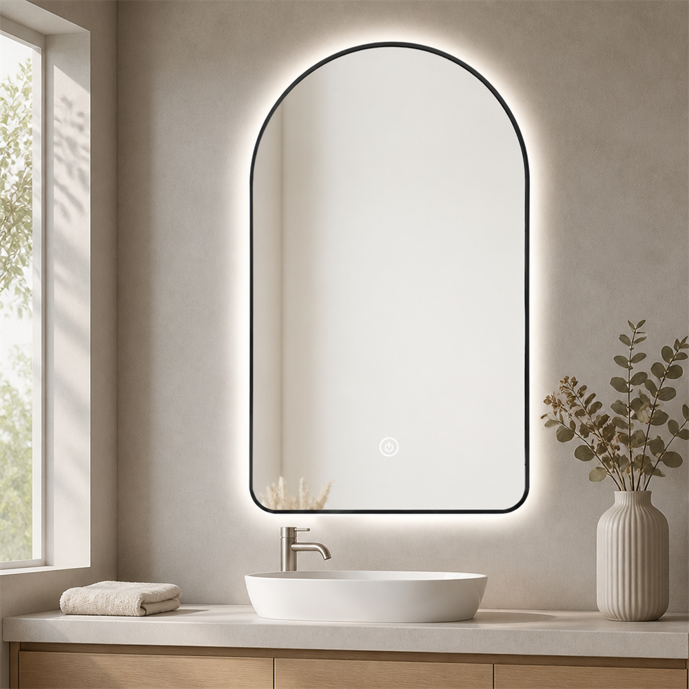 Black Aluminium Framed Arch LED Vanity Mirror Backlit Touch Controlled Wall Mounted Bathroom Mirror, Stepless Dimmable IP44 Moisture Resistant 5mm Copper-free Silver Mirror for Hotel & Apartment Renovation
