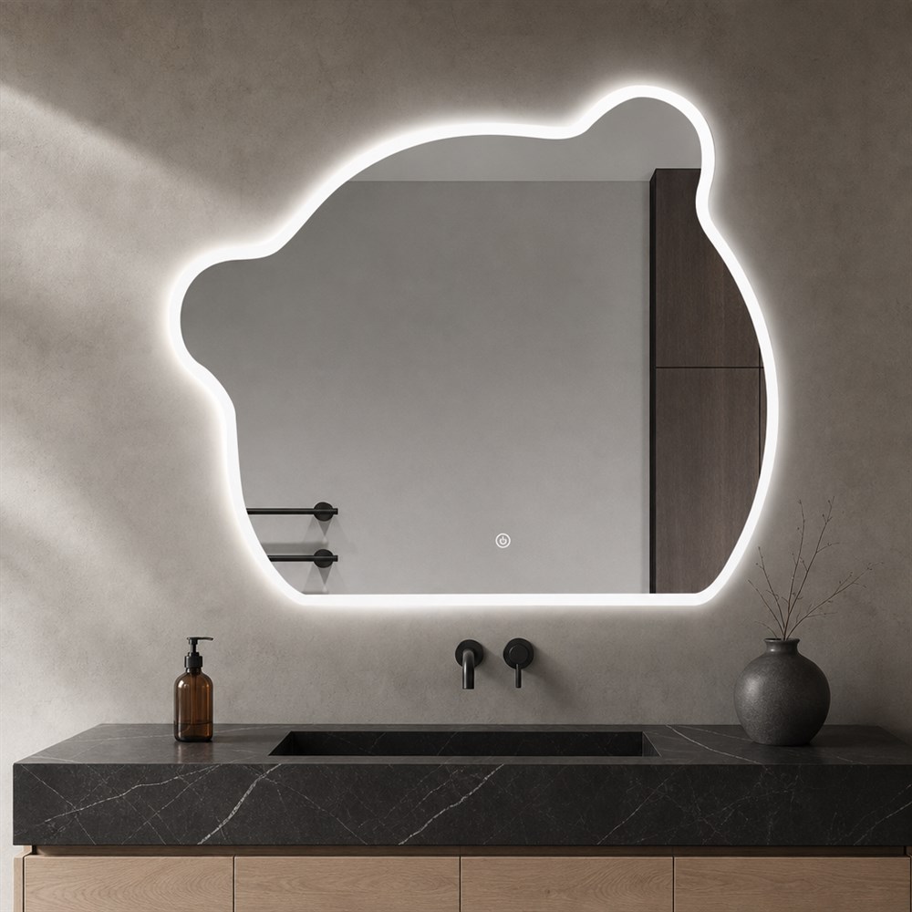 Bear Shaped Frameless LED Bathroom Mirror, Wall Mounted Anti-Fog Smart Vanity Mirror with Touch Switch for Hotel & Home Bathroom Renovation