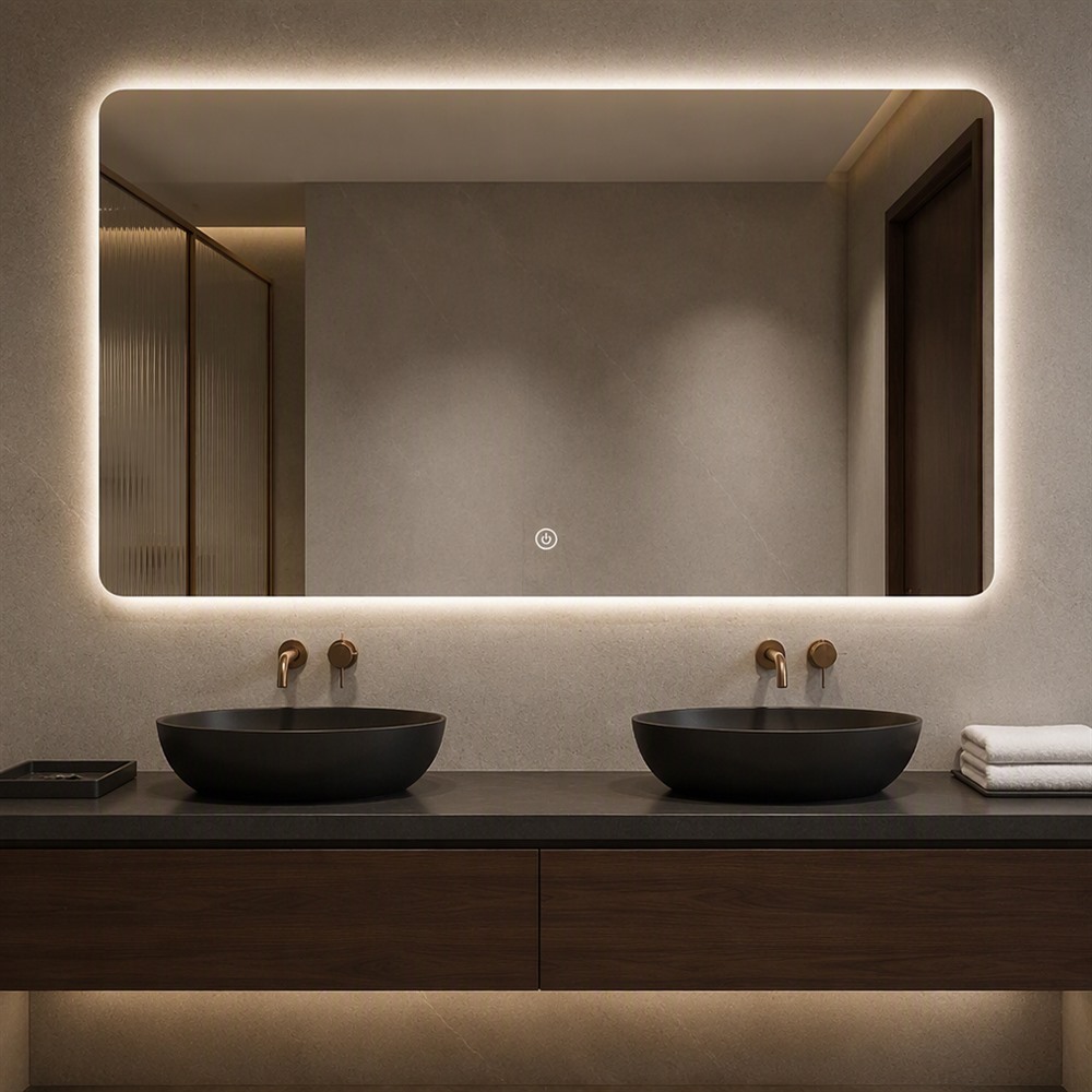 Smart Rectangular LED Wall Mirror, Frameless Rounded Corner Touch Dimmable Anti-Fog Mirror, IP54 Waterproof Copper-Free Silver Mirror for Bathroom Renovation