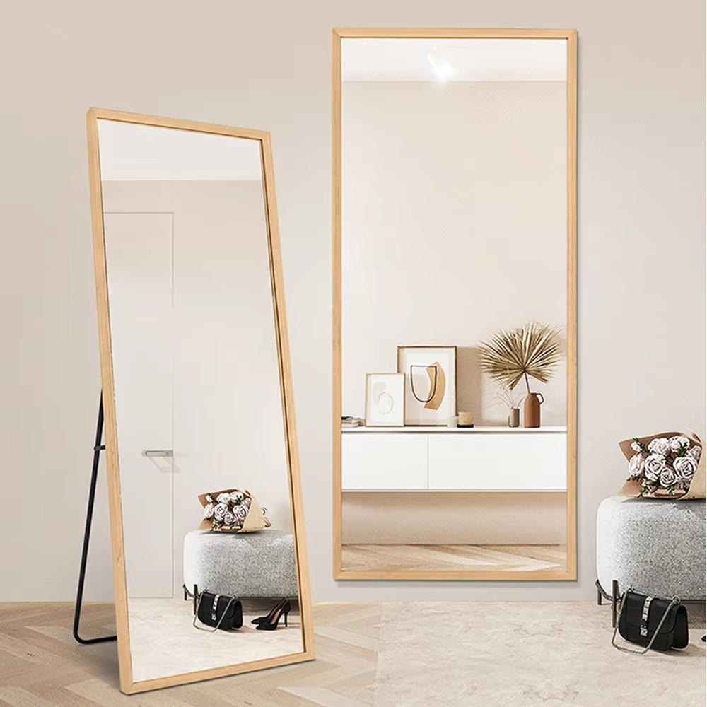 Wooden Frame Full Length Dressing Mirror, Anti-Explosion 4mm Aluminum Rectangular Mirror, Freestanding & Wall Mount Mirror for Living Room & Clothing Store