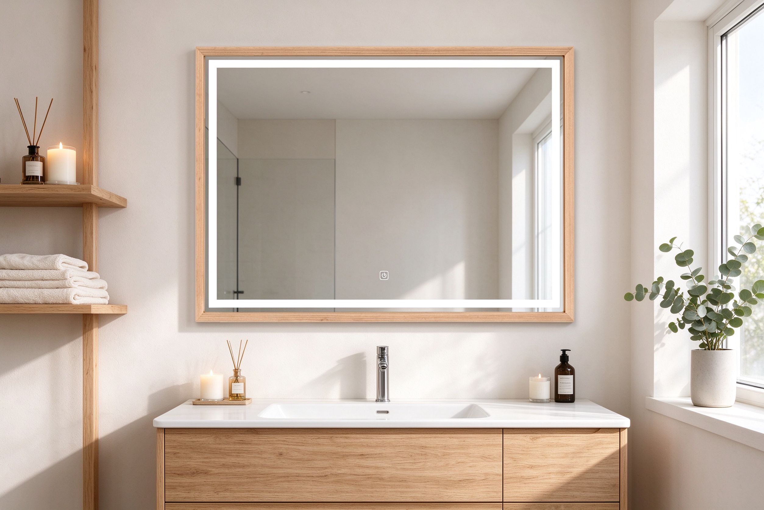 BOLEN Natual Wood Frame Rectangle LED Bathroom Mirror with Dimmable Touch Sensor and Anti-Fog