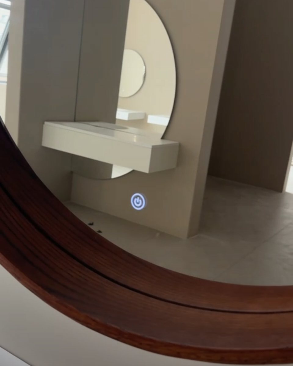 Modern Round Wood-Framed Backlit LED Bathroom Mirror | Touch Sensor